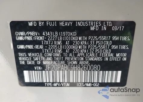 2017 Subaru Crosstrek 2.0I Premium из США, поврежденный, VIN JF2GPABC9H8260080